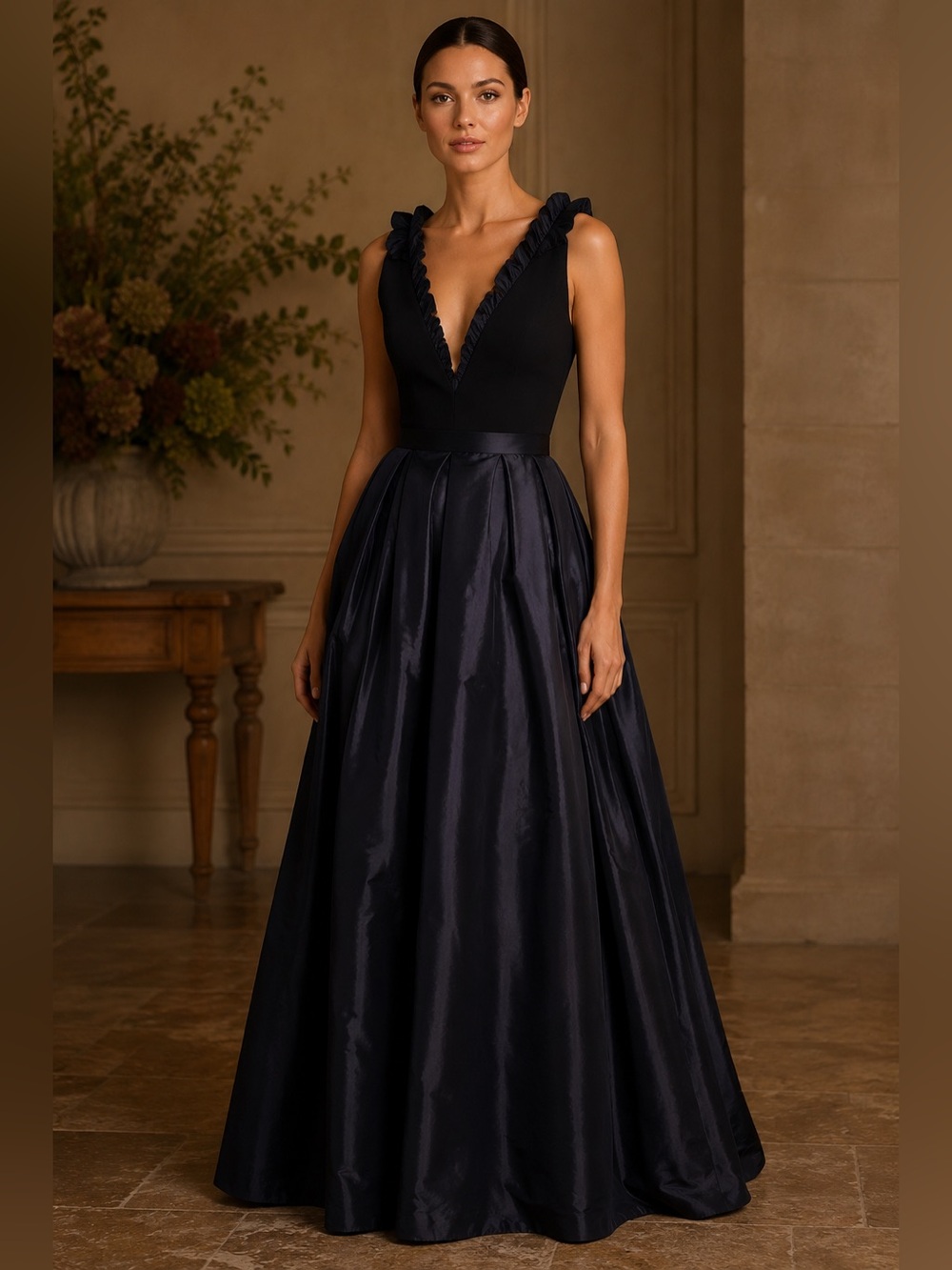 Beautiful Navy Blue Ralph Lauren-Inspired Ruffle and Satin Gown